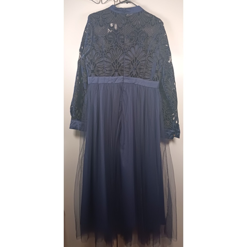 NWT Womens Maxi Dress 12 BLUE BLACK Mesh Floral Long Sleeve dark elegant formal - Picture 3 of 14